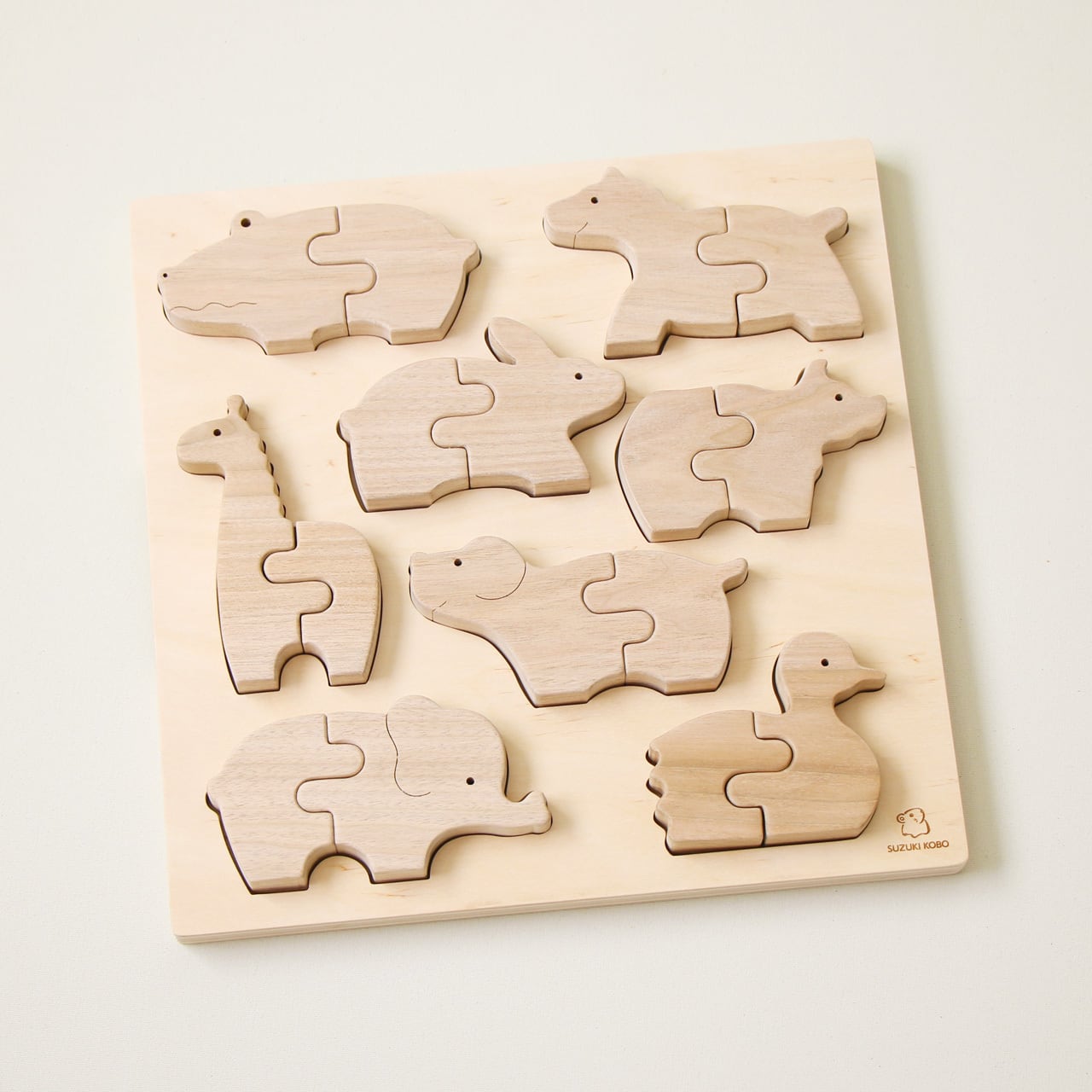 Handcrafted Wooden Animal Puzzle Toy Natural Wood 30cm - Suzuki Kobo
