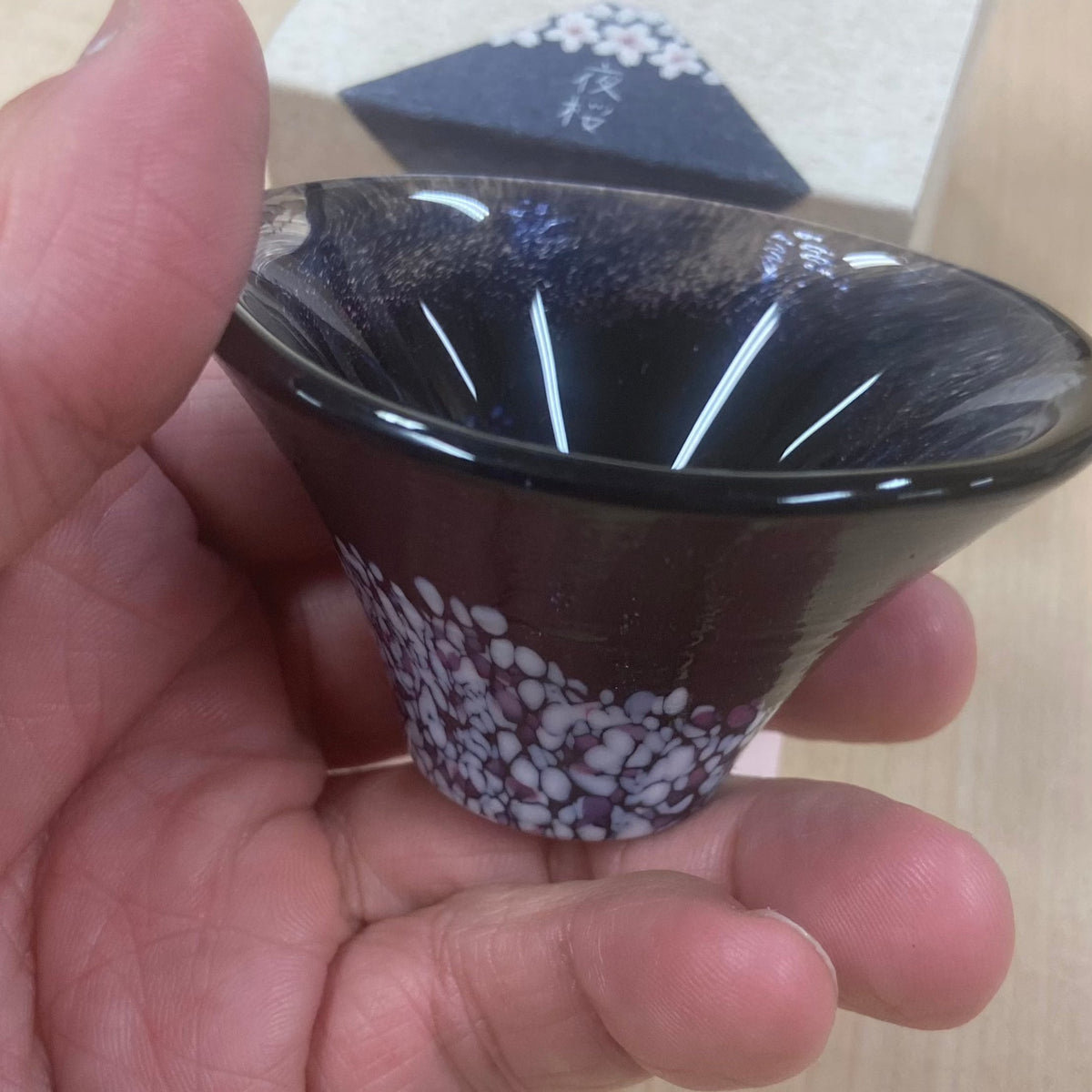 FREE SHIP! Japanese Sake cup Small Glass Sakura-Fuji Fujisan Black mad