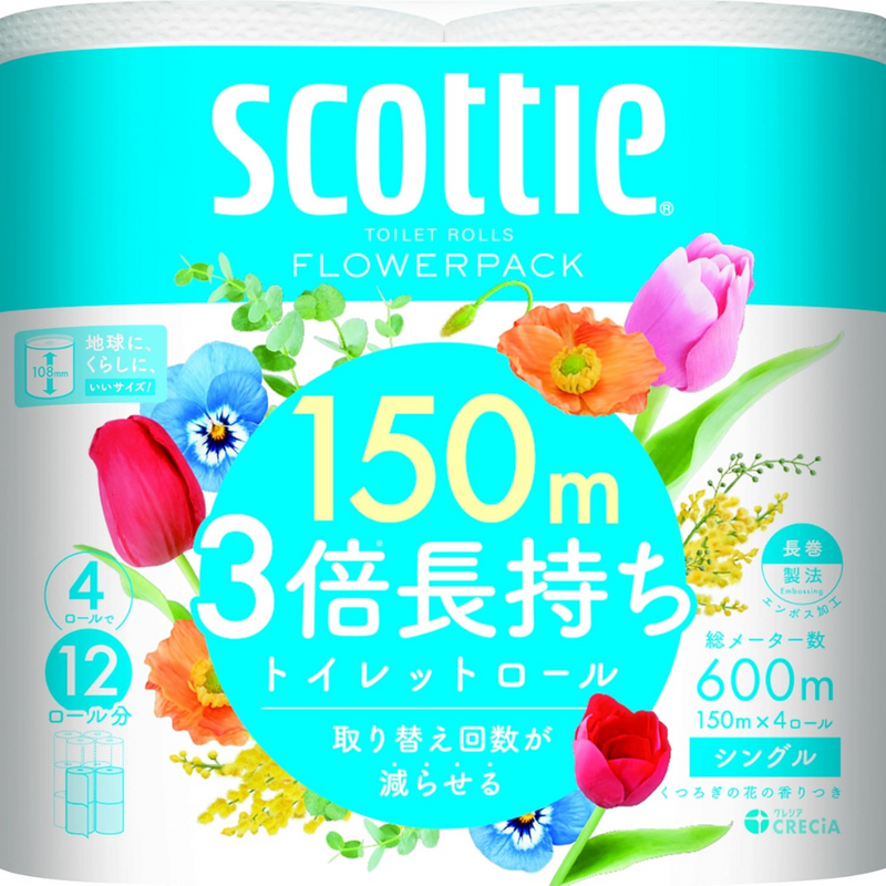 Scotty Flower Pack Triple Length Toilet Paper 4 Rolls 150m Single – Made in JAPAN - Tokyo Sakura Mall