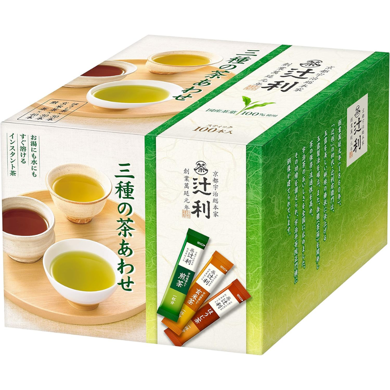 Tsujiri Instant Japanese Tea Assortment – Sencha, Hojicha & Genmaicha 100 Sticks – Made in JAPAN - Tokyo Sakura Mall