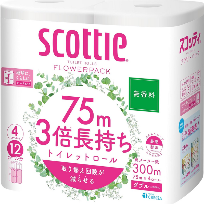 Scotty Flower Pack Triple Length Toilet Paper 4 Rolls 75m Double – Unscented – Made in JAPAN - Tokyo Sakura Mall