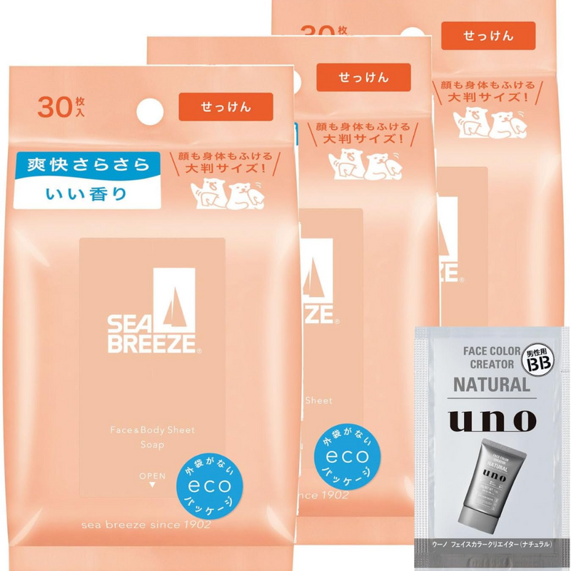 Seabreeze Face & Body Sheet Soap Scent 30 Sheets × 3 Packs + Bonus – M
