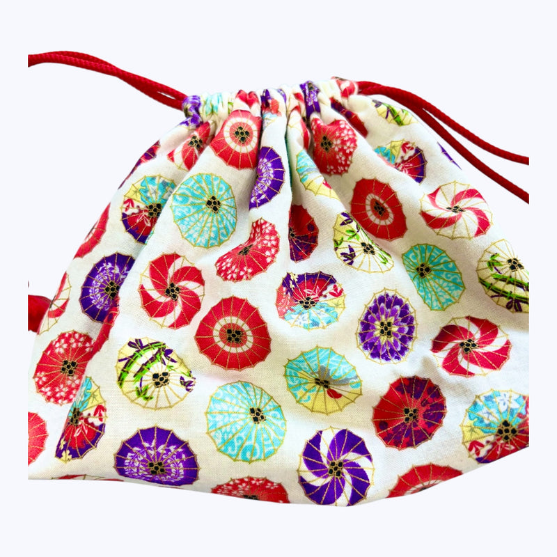 Handmade Japanese Drawstring Bag: Koi & Umbrella Design - Kurumira Shop