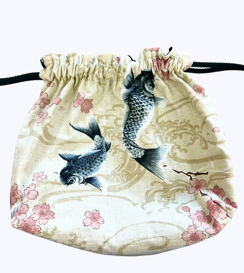 Handmade Japanese Drawstring Bag: Koi & Umbrella Design - Kurumira Shop