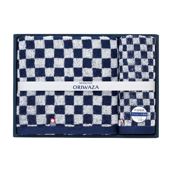 Imabari Oriwaza Jacquard Checkered Towel Set Navy Japan Craze Shop | j-Grab Mall Sakura Japan